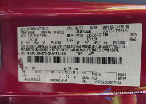 2016 Ford Escape Se from USA, damaged, VIN 1FMCU0G7XGUA72469